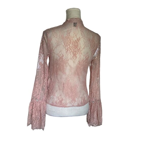 Forever 21 Women's Pink Sheer Lace Button-Up Blouse With Flared Sleeves - Picture 2 of 9